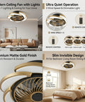 17-Inch Bladeless Ceiling Fan Light, Remote, 6-Speed, Low Profile, Gold in modern living room with premium matte finish.