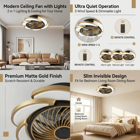 17-Inch Bladeless Ceiling Fan Light, Remote, 6-Speed, Low Profile, Gold in modern living room with premium matte finish.