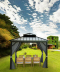 12x12 Hardtop Gazebo With Beefy Double Roof And Mosquito Net, Aluminum Frame And Galvanized Steel Top Canopy, Privacy Curtain, Weatherproof Outdoor Shelter For Patio Porch Garden Lawn Deck Backyard, Gray