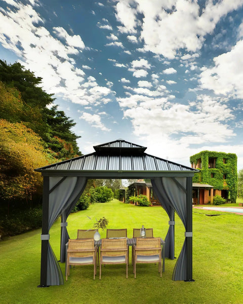 12x12 Hardtop Gazebo With Beefy Double Roof And Mosquito Net, Aluminum Frame And Galvanized Steel Top Canopy, Privacy Curtain, Weatherproof Outdoor Shelter For Patio Porch Garden Lawn Deck Backyard, Gray