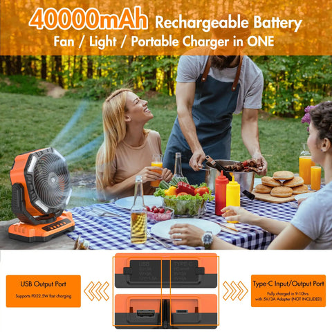 Outdoor picnic with 40,000mAh Rechargeable Battery Powered Oscillating Floor Fan With Remote on picnic table