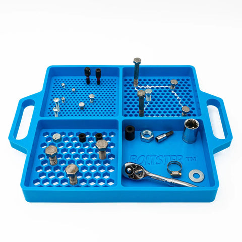 Silicone Fastener Tray For Bolts, Nuts, And Bits With Handy Handle holding various fasteners on white background
