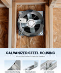 Top view of Gable Mount Attic Ventilator Fan With Auto Thermostat 2339 CFM For Large Attics Up To 3400 Sq Ft 14 Inch Steel Prop 2.85 Amp 120 Volt Galvanized Housing Easy Install Brackets Built Tough For Quick Attic Cooling installed on a wood surface with visible steel housing and mounting brackets.