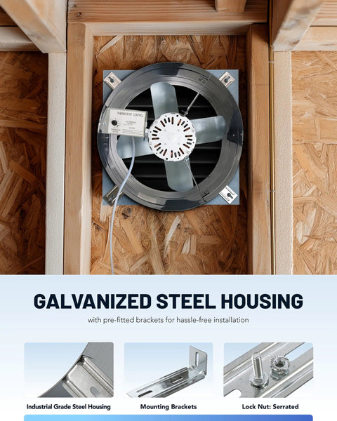 Top view of Gable Mount Attic Ventilator Fan With Auto Thermostat 2339 CFM For Large Attics Up To 3400 Sq Ft 14 Inch Steel Prop 2.85 Amp 120 Volt Galvanized Housing Easy Install Brackets Built Tough For Quick Attic Cooling installed on a wood surface with visible steel housing and mounting brackets.