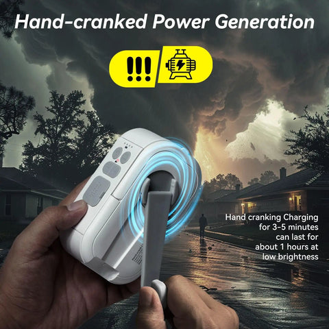 Using hand crank on Beast Bright 1000 Lumen LED Camping Lantern With 6400mAh Rechargeable Battery during stormy weather.