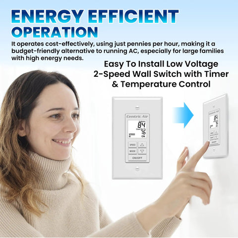 Two Speed Whole House Fan With Super Silent German Motor And Cold Weather Damper For Sharp Energy Savings No Sweat Diy Install To Smash Summer Heat And Keep Your Home Sweet Without Burning Cash, woman using a 2-speed wall switch with timer.