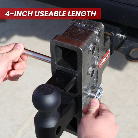 Inserting Heavy Duty 5/8 Inch Hitch Pin With Self Locking Twist Clip into 32K tow hitch, 4 Inch usable length shown