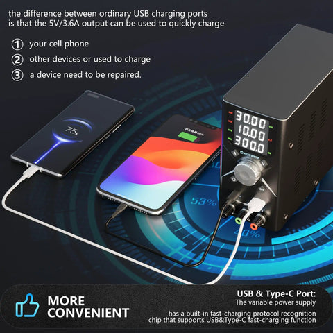 High-Precision 0-30V 0-10A DC Bench Power Supply With Switching Regulation USB-C Quick Charge 20W Encoder Dial connected to phones