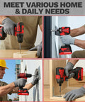 Heavy Duty Workhorse Cordless Drill And Impact Driver Duo With 20V Brushless Motor, Serious Torque, Dual Speed Settings, Two All Week Batteries, Quick Charge Brick, Tough Job Box, And Fifty Two Hex Bits used for home repairs and construction tasks.