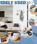 Foldable Wall Mount Towel And Coat Hooks Built With Heavy Duty Aluminum Alloy Featuring A Slick Gold Finish 4 Pack Hat Hangers Quick Install Bathroom Storage displayed in a modern living room holding towels, bags, and hats.