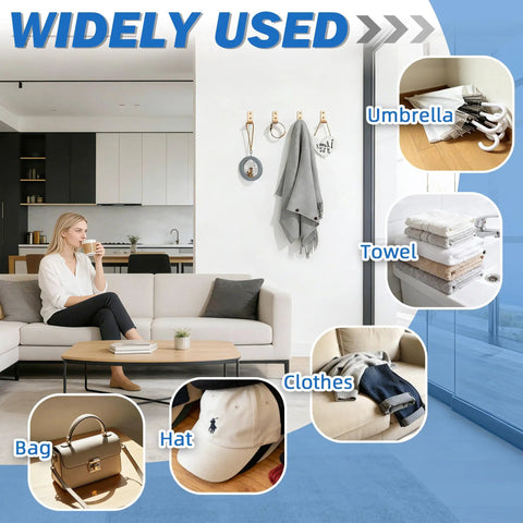 Foldable Wall Mount Towel And Coat Hooks Built With Heavy Duty Aluminum Alloy Featuring A Slick Gold Finish 4 Pack Hat Hangers Quick Install Bathroom Storage displayed in a modern living room holding towels, bags, and hats.