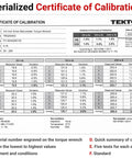Serialized Certificate of Calibration for Quarter Inch Drive 90 Tooth Dual Direction Micrometer Torque Wrench 20 to 200 Inch Pounds