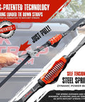 Close-up of self-tensioning tie down strap featuring steel spring and power band, secured to truck bed, focus on strap tension.