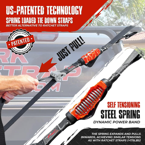 Close-up of self-tensioning tie down strap featuring steel spring and power band, secured to truck bed, focus on strap tension.