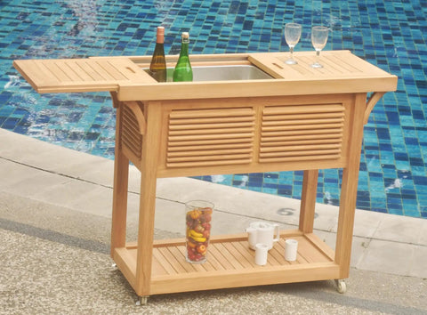 Solvang Teak Bar Cart With Extendable Beverage Tub And Locking Wheels For Outdoor Patio Entertaining next to pool