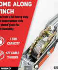 NEIKO 02251A come-along winch with 4ft steel cable, 1-ton capacity, dual gears, two hooks
