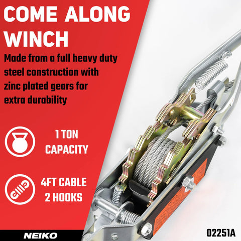 NEIKO 02251A come-along winch with 4ft steel cable, 1-ton capacity, dual gears, two hooks