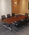 Flip Top Mobile Desk With Lockable Casters And Portable Folding Workstation For Home Office Or Classroom Use, large wooden top with black mesh chairs.