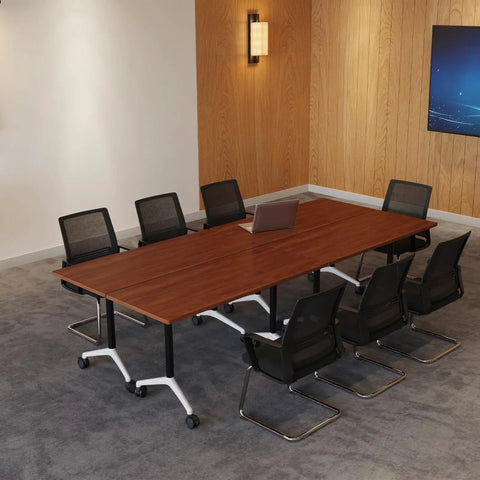 Flip Top Mobile Desk With Lockable Casters And Portable Folding Workstation For Home Office Or Classroom Use, large wooden top with black mesh chairs.