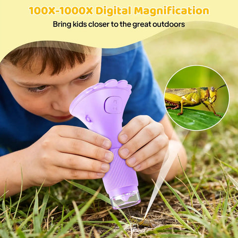 Child using Kid Friendly Microscope 200x Zoom With 2 Inch HD Camera, STEM Learning Kit For Ages 3 To 12, Portable Science Tool, Purple