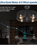 Retractable Blades Ceiling Fan With Lights In Vintage Cage Remote Control Six Speeds And One Two And Four Hour Timers Separate Fan And Light Control Black Finish Ideal For Kitchen Dining Living Room Bulbs Not Included shown with noise levels chart