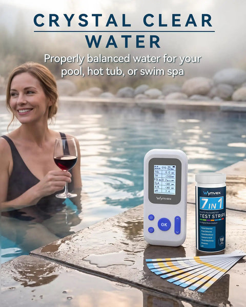 Hassle Free Digital Pool Water Test Kit With Instant Reader For Dead On Readings 7 In 1 Heavy Duty Analysis next to a woman enjoying wine by the pool.