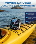 Kayak gear bag with camouflage pattern and NOQUA logo on a yellow kayak deck near the water.