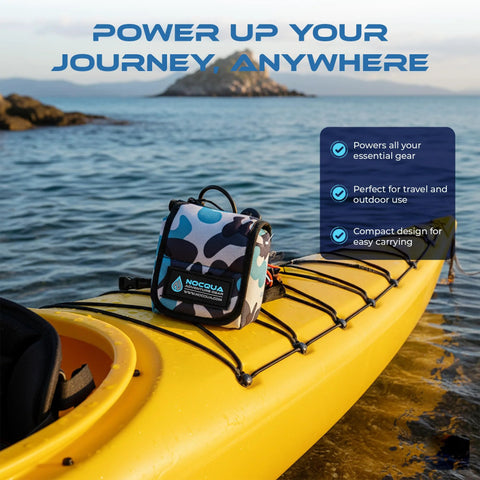 Kayak gear bag with camouflage pattern and NOQUA logo on a yellow kayak deck near the water.