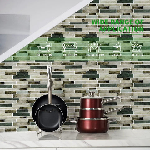Peel And Stick Marble Backsplash For Kitchen And Bath, 3D Self Adhesive Wall Tiles shown with cookware on countertop