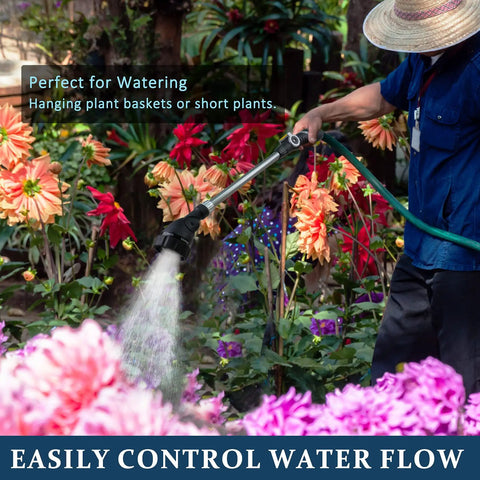 Person using lightweight watering wand with 6 spray modes for hanging baskets and windows, silver-black, in a garden setting.