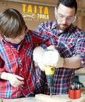 Father and son using drill with Five Piece Carbide Burr Set With One Quarter Inch Shank Beefy Double Cut Rotary Bits nearby