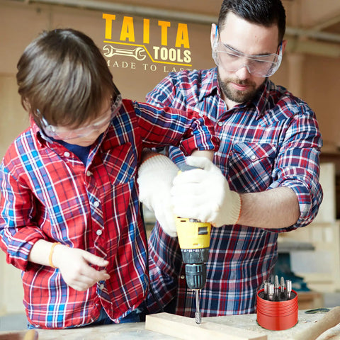 Father and son using drill with Five Piece Carbide Burr Set With One Quarter Inch Shank Beefy Double Cut Rotary Bits nearby