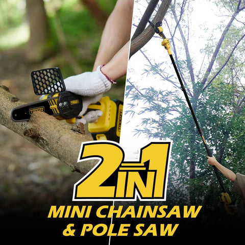 2-In-1 Cordless Pole Saw And 6 Inch Chainsaw With 3.0Ah Battery, brushless motor, extended for high branch pruning