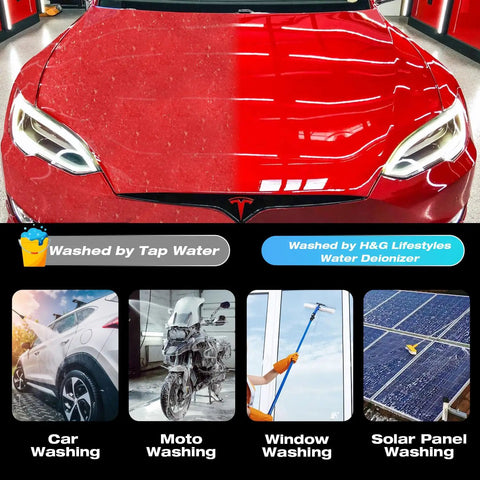 Spotless Car Wash Water System With Deionizer For Ultra Low TDS Rinse No Wipe Shine Every Time 50 Gallon Deionized Water Filter For Detailing And Exterior Cleaning shown with car and washing options.