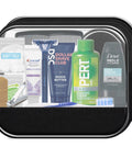 Men's 16 Piece Travel Kit With TSA Compliant Essentials In Reusable Zippered Bag, visible grooming items inside clear bag.