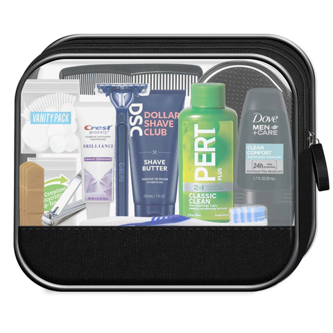 Men's 16 Piece Travel Kit With TSA Compliant Essentials In Reusable Zippered Bag, visible grooming items inside clear bag.