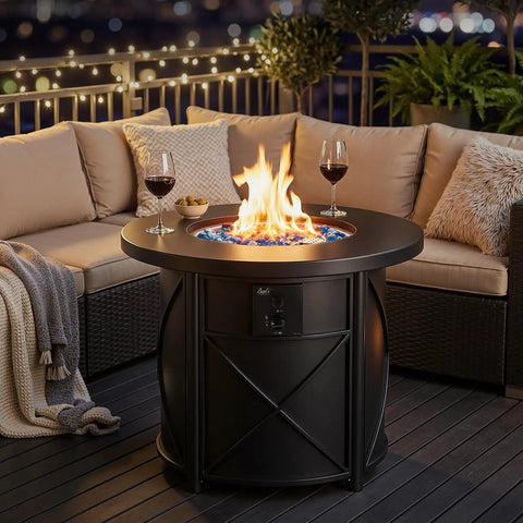 2-In-1 50,000 BTU Propane Fire Pit Table, 30 Inch Round Outdoor Fire Pit for Backyard Patio with flame on and cozy seating