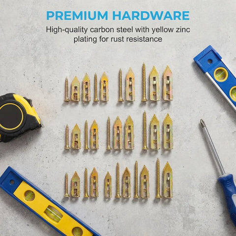 All In One 420 Piece Drywall Anchors Kit with Self Drilling Metal Plugs on concrete surface with tools