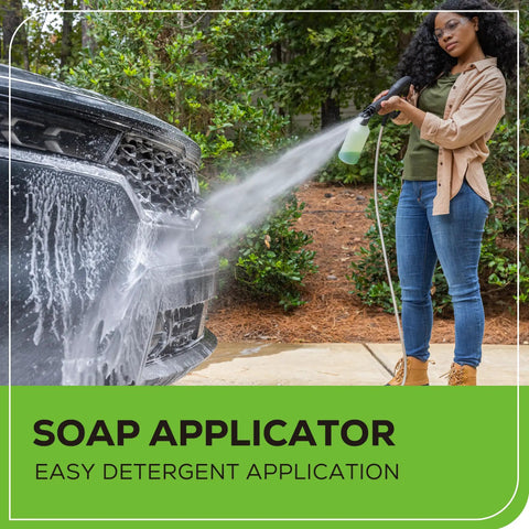 Person using Compact Electric Pressure Washer 1600 PSI 1.2 GPM, Lightweight CSA Certified on car bumper with soap applicator