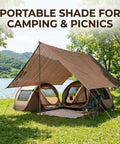 Mocha Shade Cloth With Ninety Percent UV Block Mesh Tarp set up over camping area by lake with tents