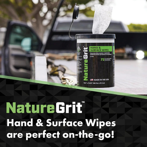 Front view of NatureGrit Hand & Surface Wipes 72-count canister with a visible wipe and green label.
