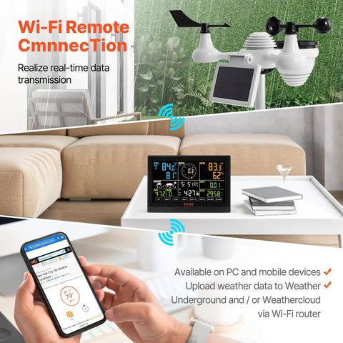 All In One WiFi Weather Station With 7 In 1 Sensor For Indoor Outdoor Use, 7.5 Inch Color Display and WiFi connectivity
