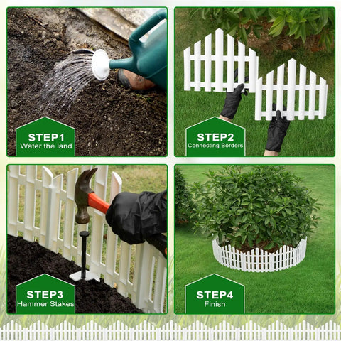 No Dig Garden Edging Border Kit 13 Ft White 14.6 Inch Tall With 14 Stakes For Easy No Dig Install Clean Crisp Look Between Lawn And Garden Beds Weatherproof Plastic Landscape Edge For Decor And Definition in use with installation steps.
