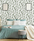 Bedroom with Green Leaf Peel And Stick Wallpaper Floral Contact Paper Self Adhesive Removable Wall Cover 17.7 Inches By 118.1 Inches Tropical Vintage Flower Design For Bathroom Kitchen Cabinets on feature wall