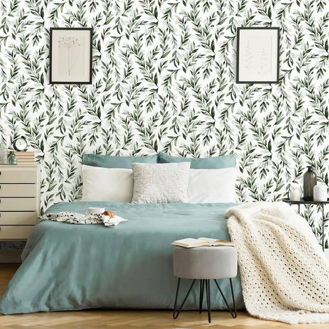 Bedroom with Green Leaf Peel And Stick Wallpaper Floral Contact Paper Self Adhesive Removable Wall Cover 17.7 Inches By 118.1 Inches Tropical Vintage Flower Design For Bathroom Kitchen Cabinets on feature wall