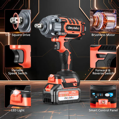Beefy 1500N.m Cordless Impact Wrench With Brushless 21V Motor, 1100 Ft-Lbs Torque, 3-Mode Adjustable, Ideal For Truck Tires, Car Repair, Heavy Duty DIY Projects. 1/2 inch square drive cordless wrench with LED and mode panel