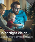 Family using laptop with Indoor Home Security Camera With 360 Degree Pan, 1080P HDR, Color Night Vision, 2-Way Audio features visible