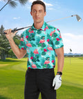Man wearing Fly Summer Golf Polo Shirt For Men Short Sleeve Quick Dry Moisture Wicking Stretch Fit, holding a golf club.