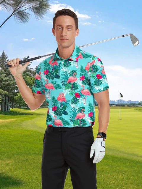 Man wearing Fly Summer Golf Polo Shirt For Men Short Sleeve Quick Dry Moisture Wicking Stretch Fit, holding a golf club.