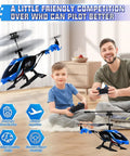 Father and son flying Rugged 2.4G RC Helicopter With LED Lights For Indoor And Outdoor Flight, Vigilante Style Remote Control Toy with blue design indoors.